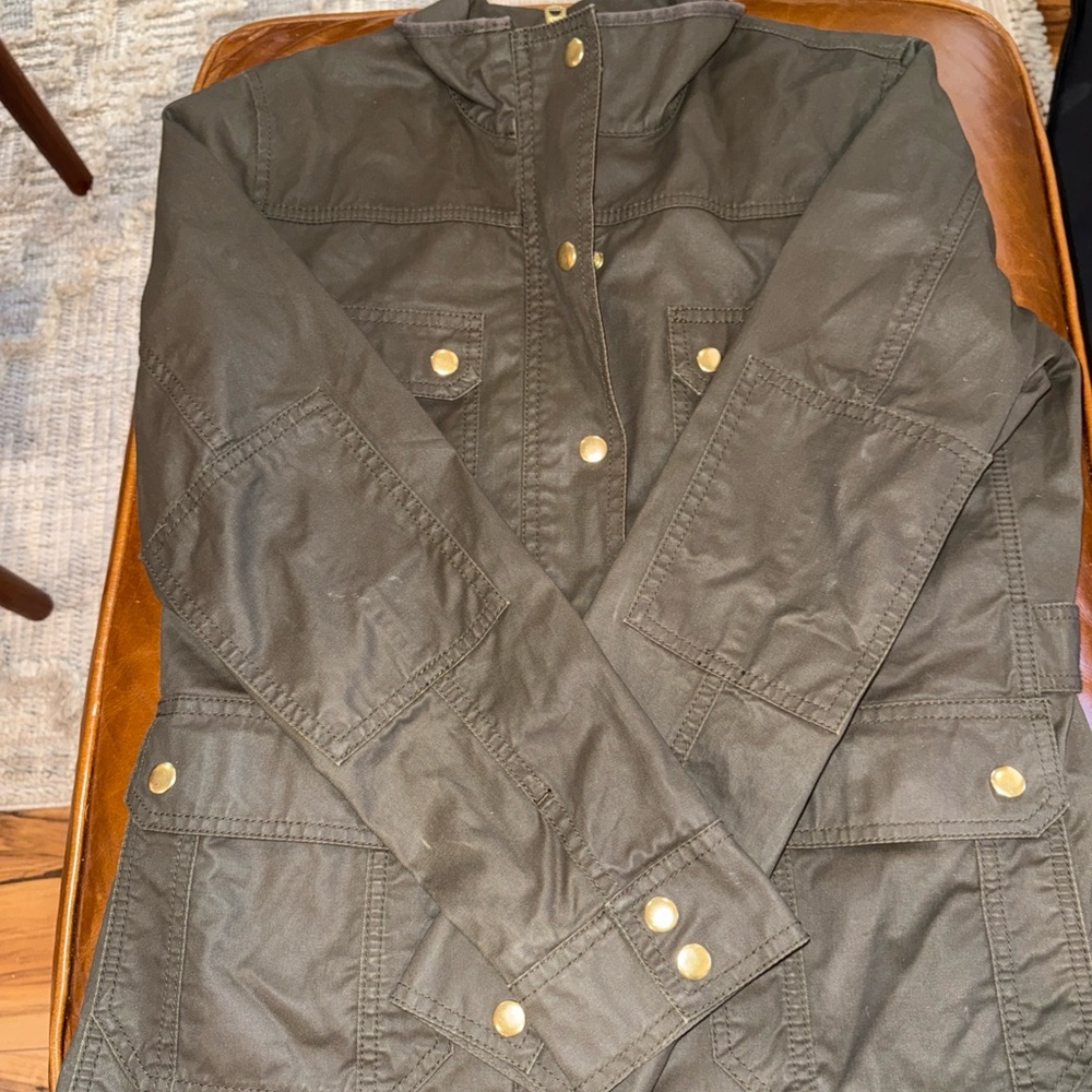 J. Crew Relaxed Boyfriend Field Jacket Spring Fall Dark Olive Green Waxed Sz LP